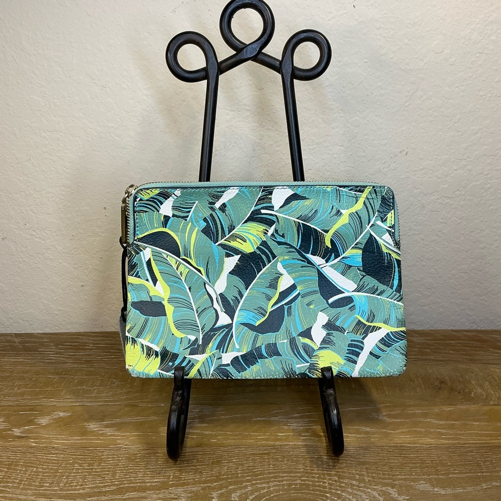 GAP Leather Leaf-Print Zip Pouch in Teal and Green